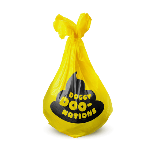 Yellow Doogy Doonation Logo on dog poop bag